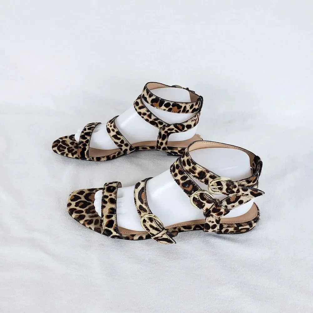 J.Crew Resort Vacation Calf Hair Leopard Sandals Womens 9 Ankle Strap Buckles